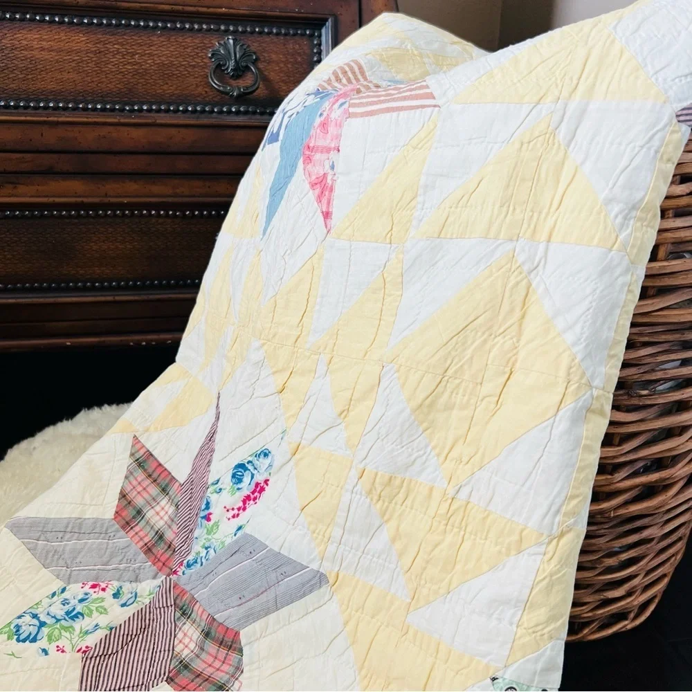 90”x50” Vintage from 1940’s Eight Point Star Hand Stitched Cotton Quilt.